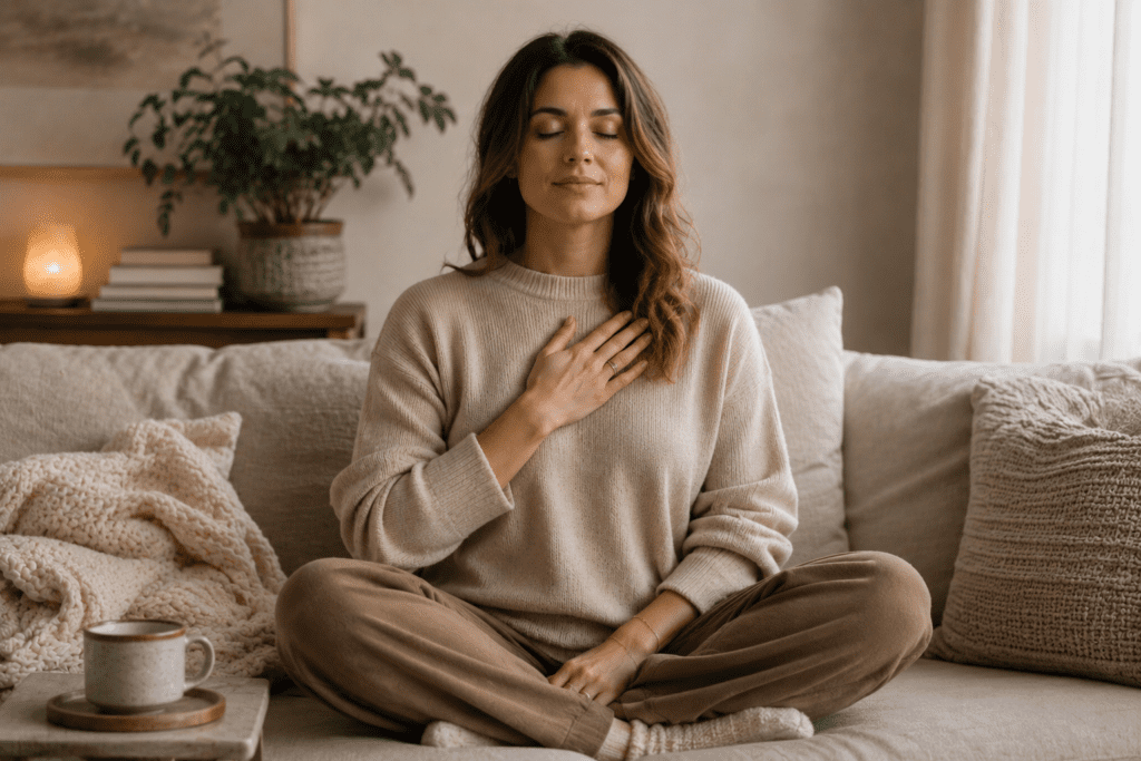 Woman sitting cross-legged on a couch with eyes closed and one hand resting on her chest, practicing calm breathing as part of a daily anxiety management routine.