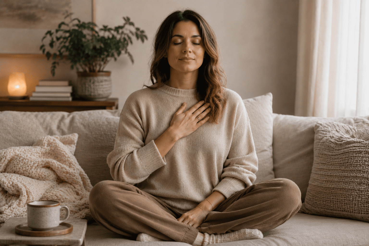 Woman sitting cross-legged on a couch with eyes closed and one hand resting on her chest, practicing calm breathing as part of a daily anxiety management routine.