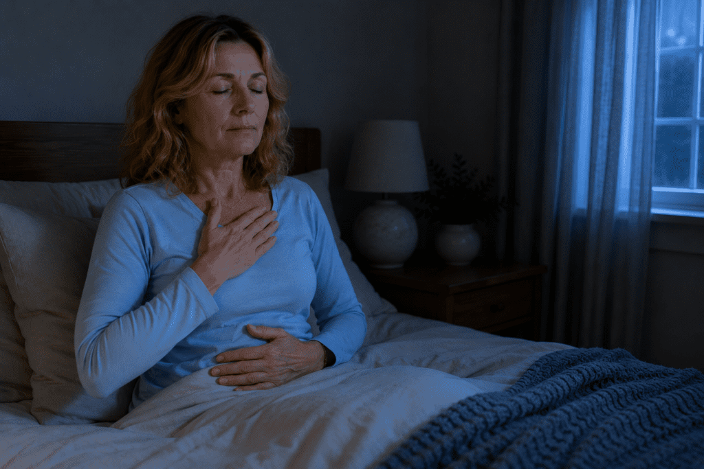 Woman sitting up in bed at 3am with eyes closed, one hand on her chest and one on her belly, practicing slow nasal breathing to calm her nervous system.