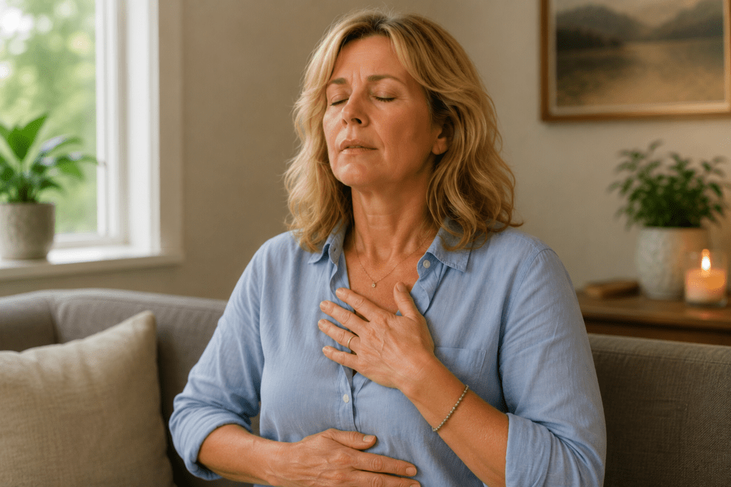 Woman sitting with her eyes closed, one hand on her chest and one on her belly, practicing slow nasal breathing to calm her nervous system during a hot flash.