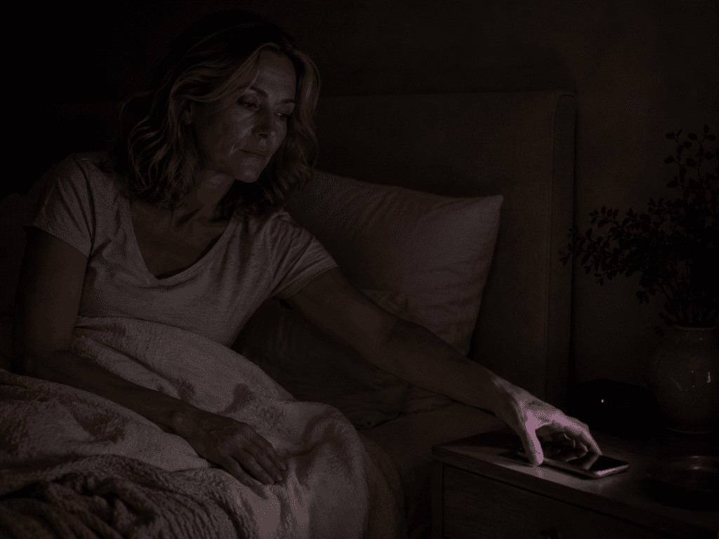 Woman placing her phone face down on the nightstand in a dark bedroom at 3am, with the screen light briefly visible.