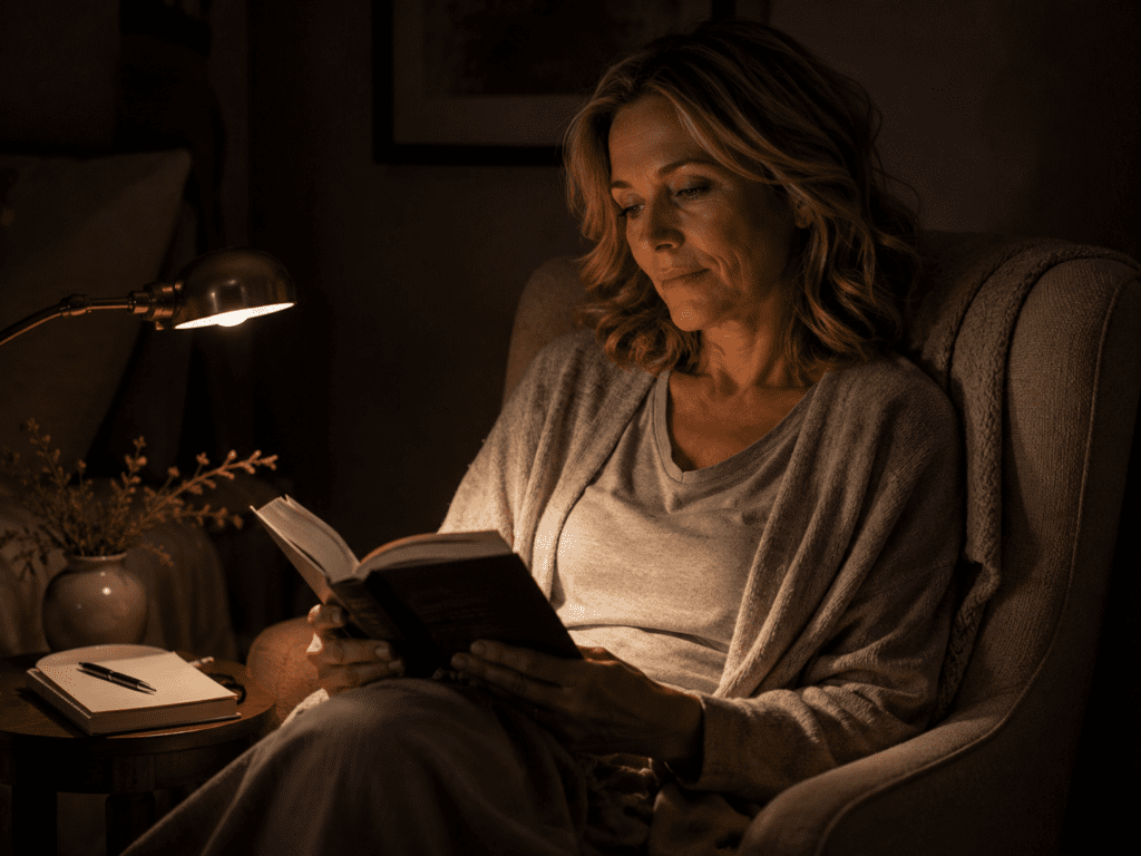 Woman sitting in a comfortable chair in low light, reading a physical book by the warm glow of a small reading lamp, with a notebook and pen on the side table.