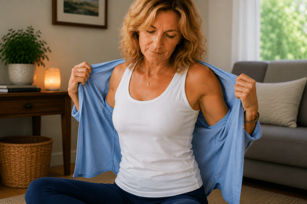 Woman removing a light blue button-down shirt to reveal a white tank top underneath, shedding a layer to cool down during a hot flash.