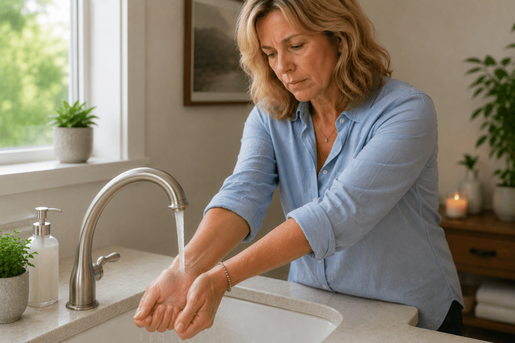 Woman holding both wrists under cool running water at a kitchen sink to cool her body during a hot flash.