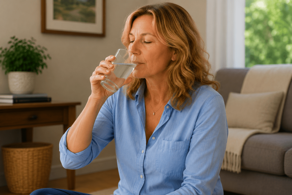 Woman sipping cool water from a glass while sitting in her living room during a hot flash.