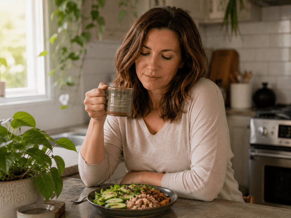 Woman sitting at her kitchen counter holding a ceramic mug of tea, looking down at a healthy grain bowl in front of her.