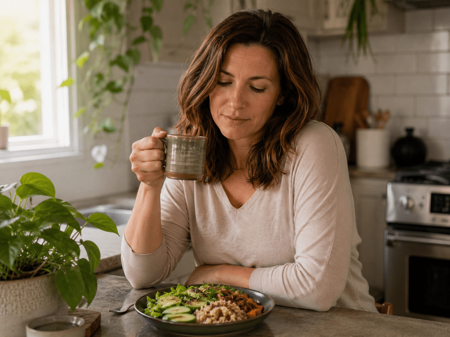 Woman sitting at her kitchen counter holding a ceramic mug of tea, looking down at a healthy grain bowl in front of her.