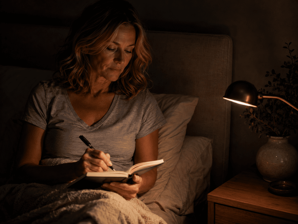 Woman sitting up in bed at 3am writing in a notebook by the soft light of a small bedside lamp.