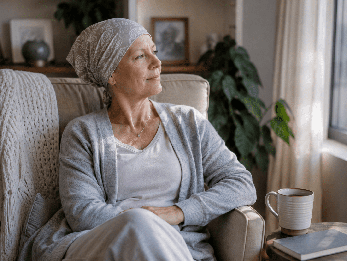 Woman wearing a soft patterned headscarf sitting in a comfortable chair at home with a cup of tea nearby, looking quietly out the window.