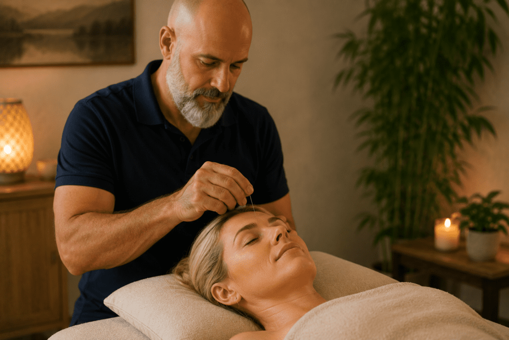 Licensed acupuncturist placing needles on a relaxed patient during an acupuncture treatment session for anxiety, stress, and depression in Scottsdale, AZ.
