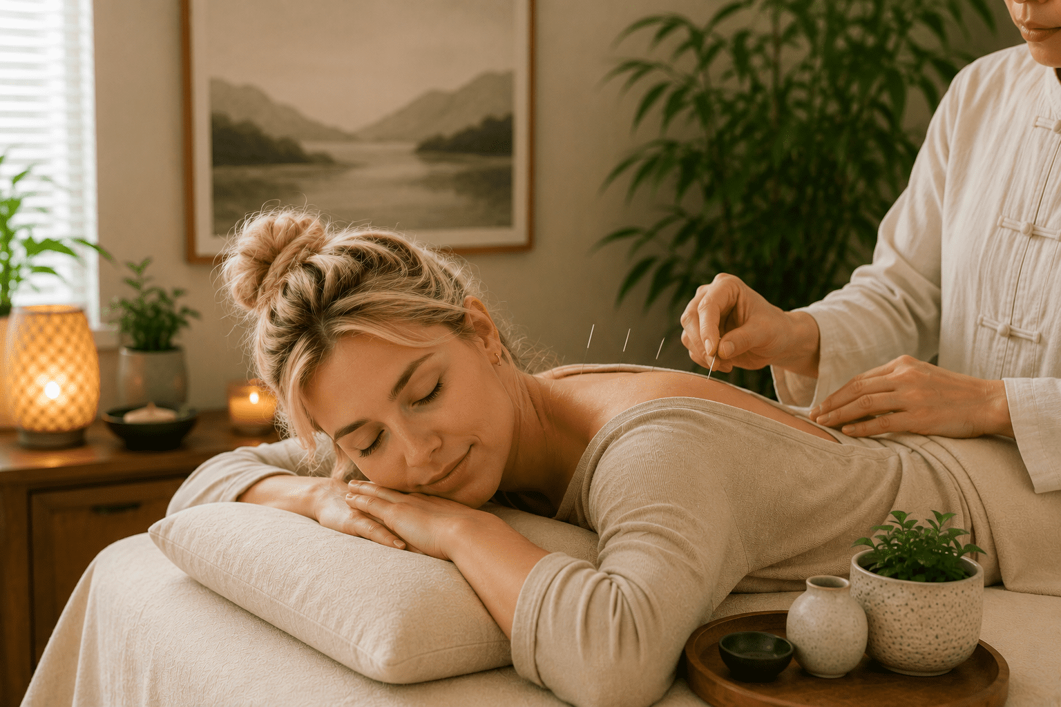 Relaxed woman receiving acupuncture treatment in a peaceful wellness clinic while feeling healthy and stress-free, representing preventive healthcare and wellness maintenance.