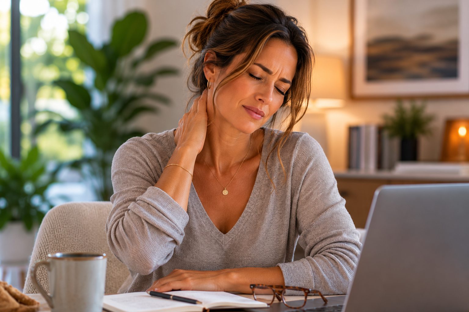 A woman with long brown hair, wearing a loose beige shirt, sitting on a light-colored couch. She is wincing in discomfort as she rubs the muscles on the right side of her neck and shoulder to alleviate localized pain and tension.