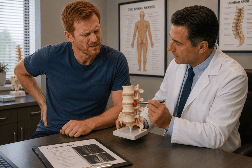 Patient in warm consultation with a physician reviewing the anatomy of a herniated disc using a spine model.