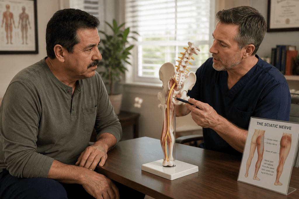 Patient in warm consultation with a physician reviewing the anatomy of the sciatic nerve pathway using an anatomical model.