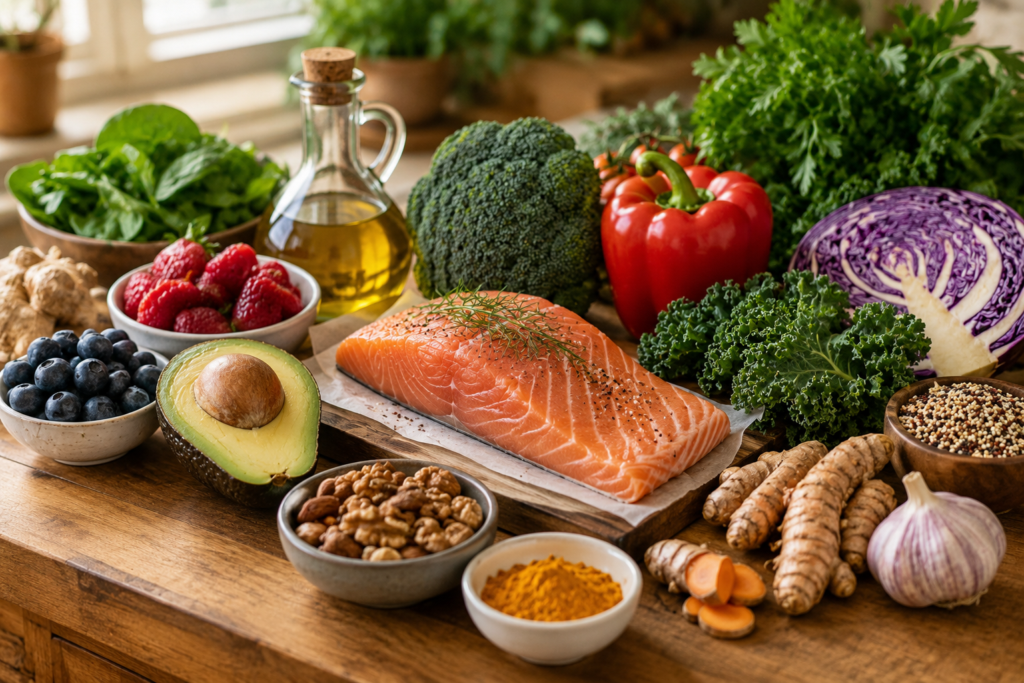 Editorial arrangement of anti-inflammatory foods including colorful vegetables, wild-caught fish, avocado, berries, extra virgin olive oil, and turmeric on a wooden cutting board.