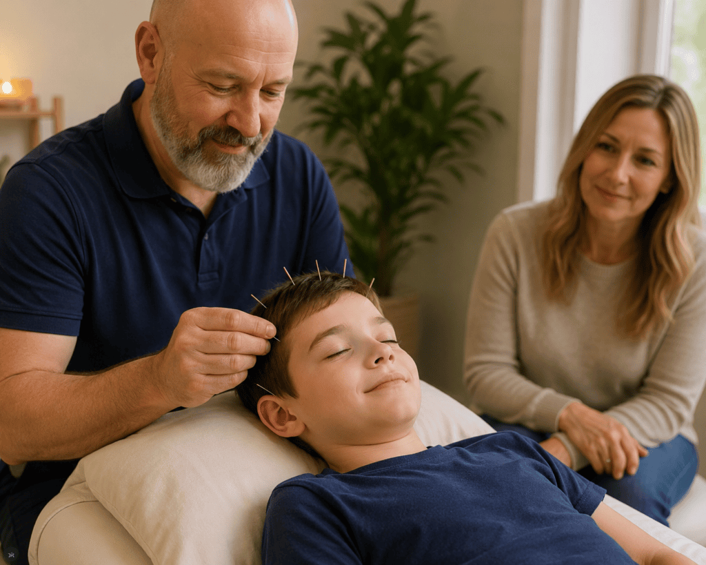 Child comfortably reclined in a treatment room with a warm parent visible nearby, communicating the reassuring atmosphere of pediatric acupuncture.
