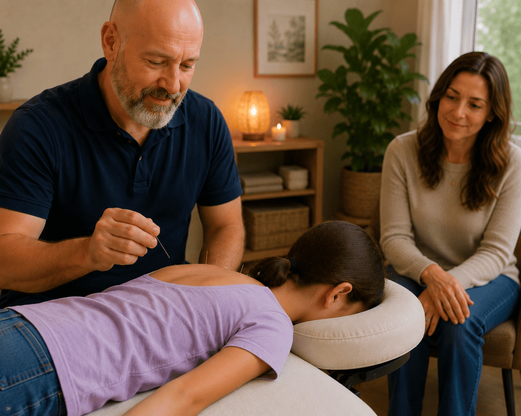 Child comfortably reclined in a treatment room with a warm parent visible nearby, communicating the reassuring atmosphere of pediatric acupuncture.