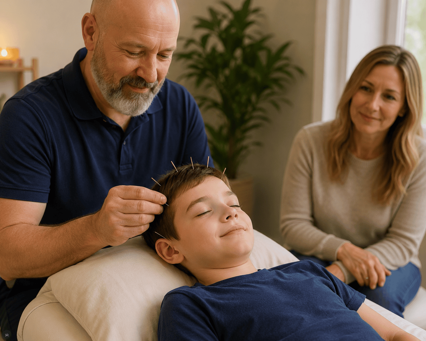 Child comfortably reclined in a treatment room with a warm parent visible nearby, communicating the reassuring atmosphere of pediatric acupuncture.
