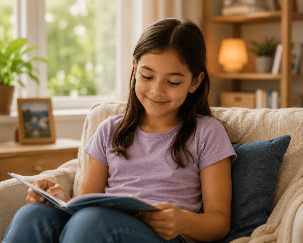 Child in a calm relaxed moment at home reading or drawing, communicating the improved wellbeing that acupuncture treatment can support.