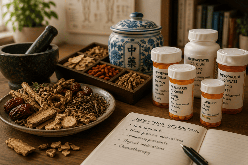Chinese herbal formulas and prescription medication bottles arranged together on a clean surface, communicating the importance of considering drug-herb interactions.