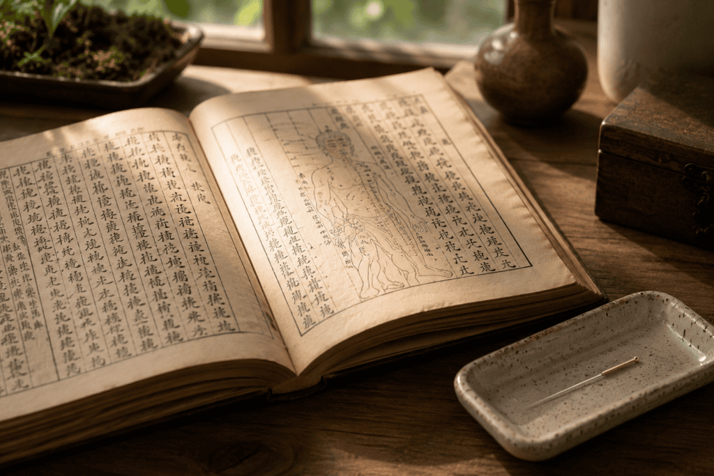 n open classical Chinese medicine reference book on a wooden table with an acupuncture needle resting in a small ceramic tray beside it, in soft natural light.