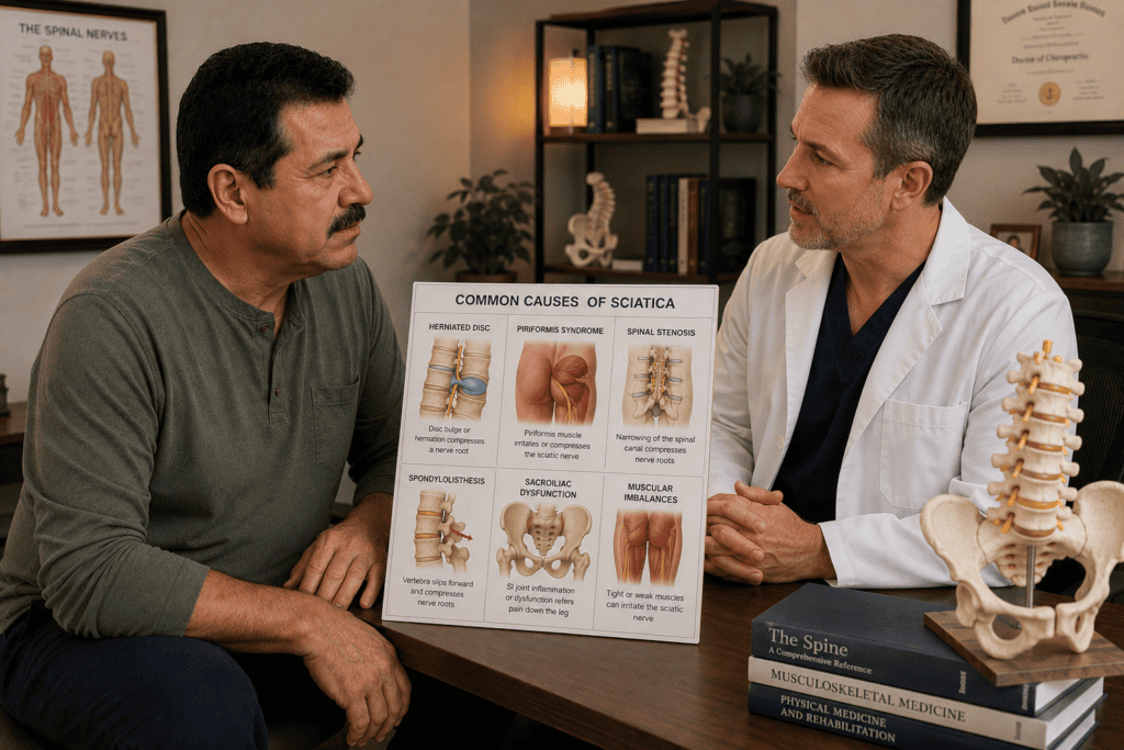 Physician reviewing common causes of sciatica with patient including herniated disc, piriformis syndrome, and spinal stenosis.