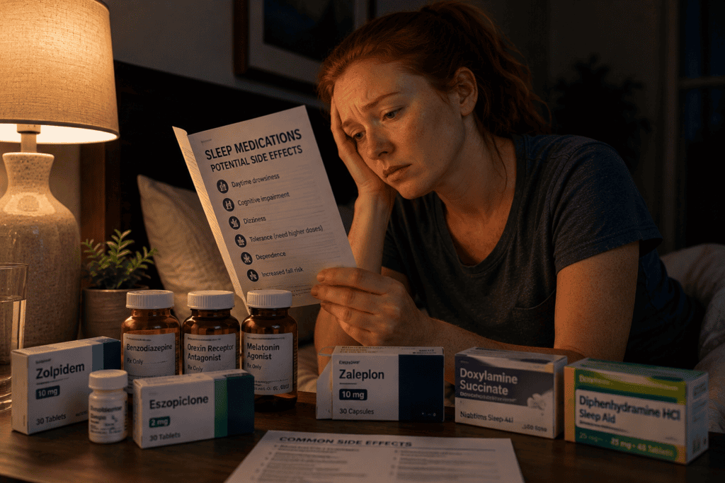 Young red-haired woman reviewing sleep medication information while surrounded by prescription and over-the-counter sleep aids, illustrating the limitations of medication-only treatment for chronic insomnia.