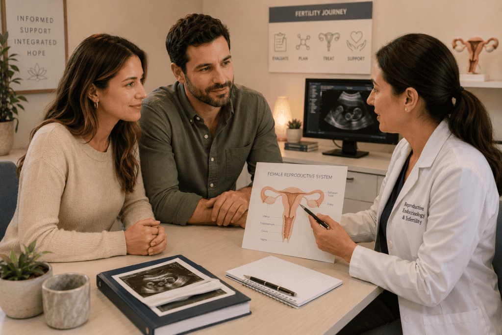 Couple in warm consultation with a fertility physician discussing the evaluation process and testing options.