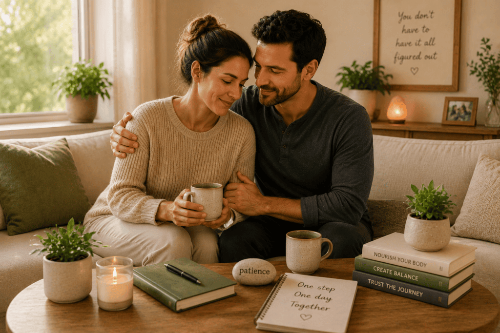 Couple in a moment of gentle encouragement in their fertility journey, communicating the value of sustained integrated support.