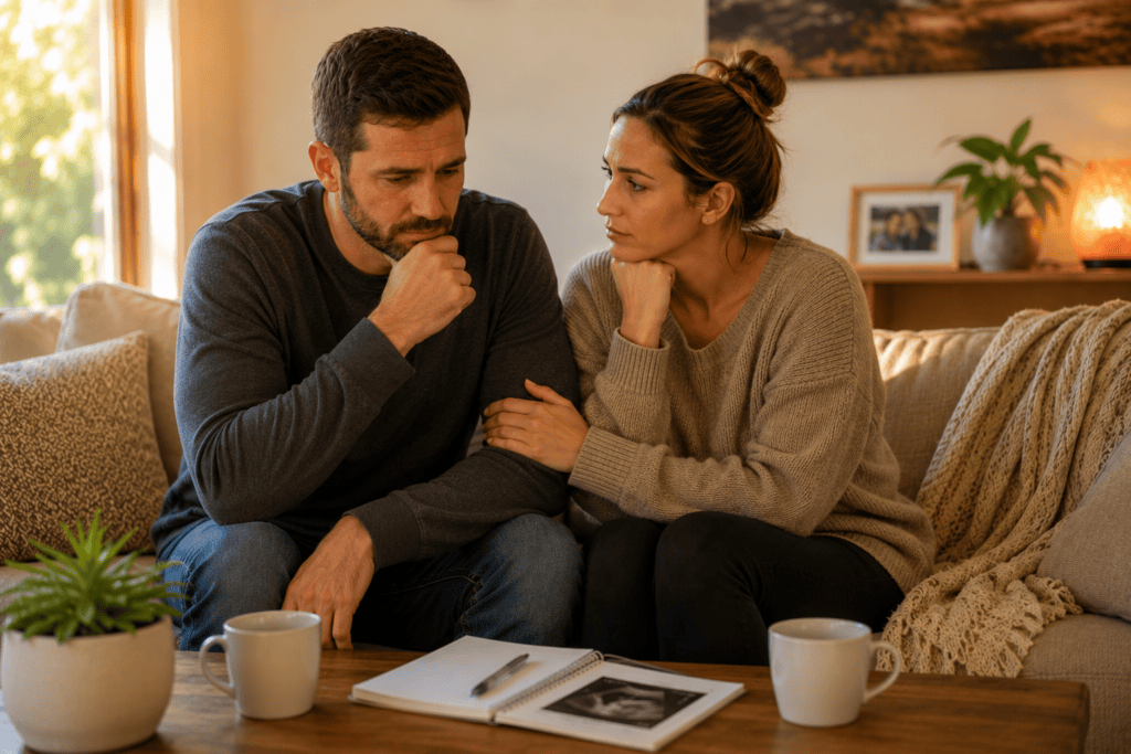 Couple in a moment of reflection about the reality of fertility challenges, communicating the emotional weight of trying to conceive without success.