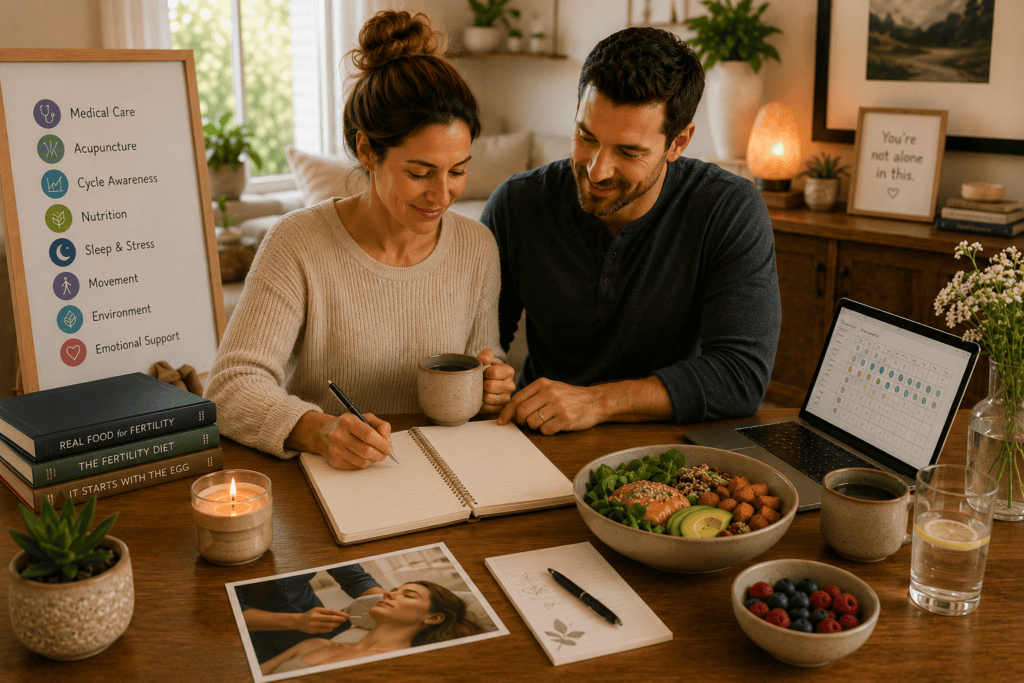 Couple engaged in multiple aspects of an integrated fertility approach including medical care coordination, acupuncture, nutrition, and lifestyle support.
