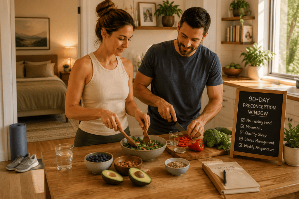Couple engaged in daily preconception preparation including nourishing food, movement, and quality sleep support, illustrating the 90-day framework.
