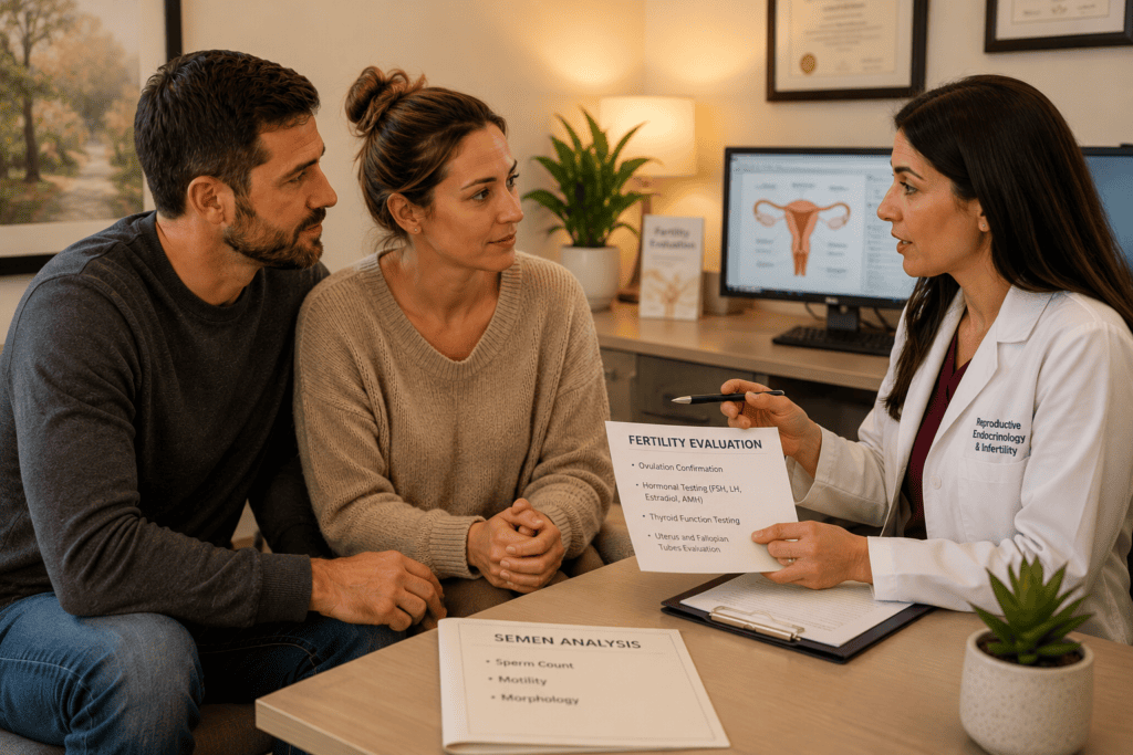 Couple in warm consultation with a fertility physician discussing the evaluation process and testing options.