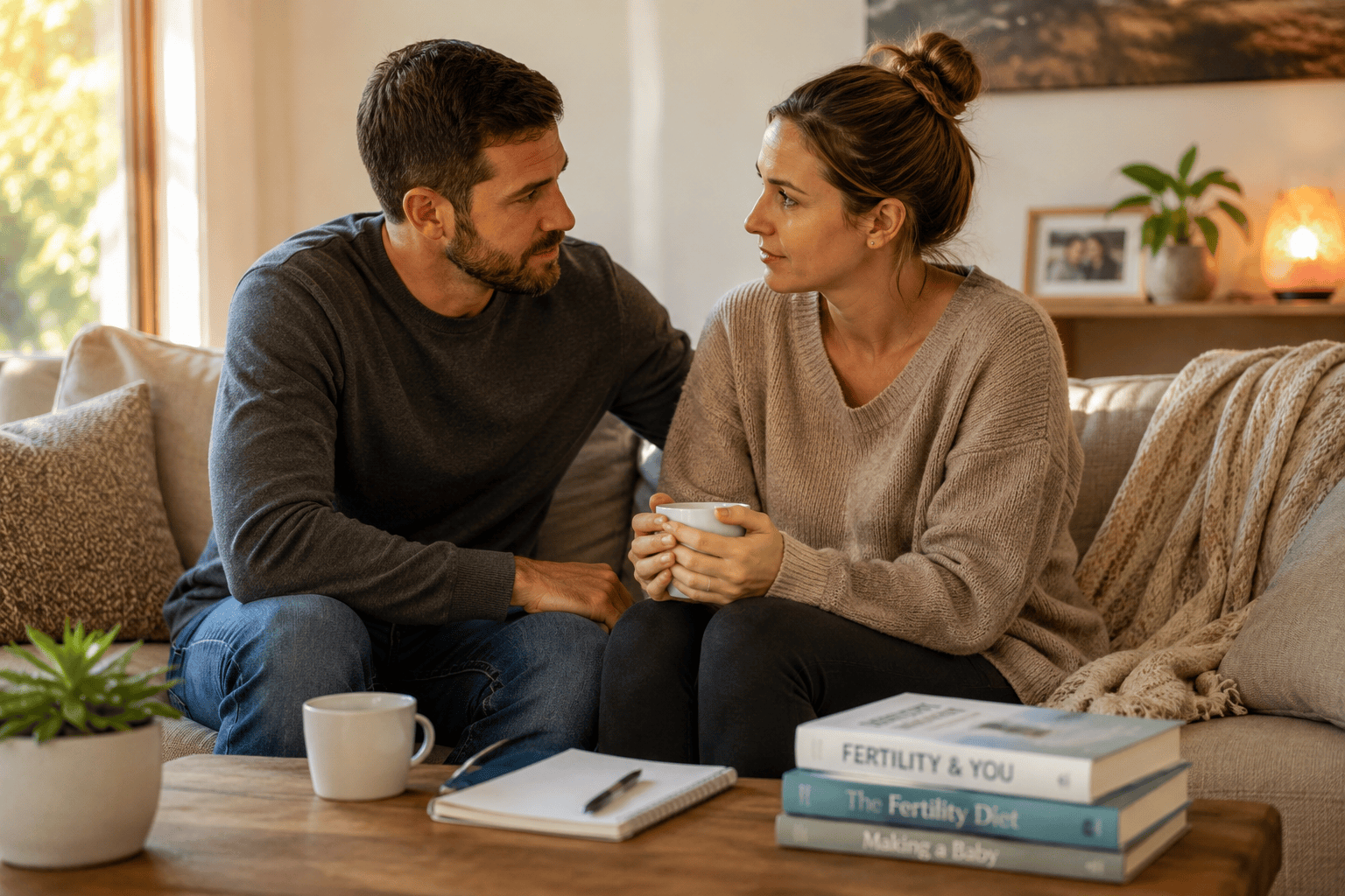 Couple in a warm home setting engaged in supportive conversation about their fertility journey, communicating the shared nature of trying to conceive.