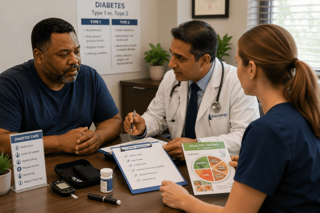 Patient consulting with a diabetes care team including endocrinologist and dietitian for coordinated management of the condition.