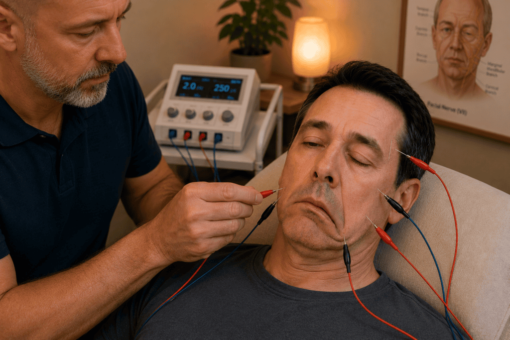Licensed acupuncturist using electroacupuncture on a patient's face for Bell's palsy, with the electroacupuncture device and wires connecting to needles clearly visible.