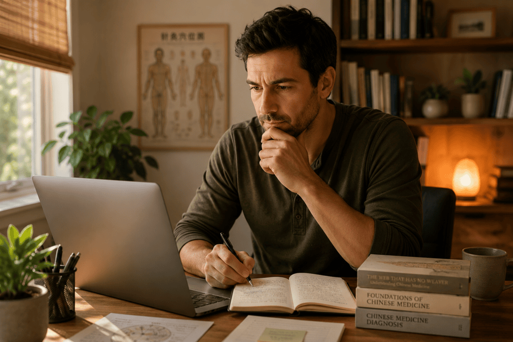 Person at a home desk engaged in thoughtful research on medical topics, communicating the honest evaluation that supports informed healthcare decisions.