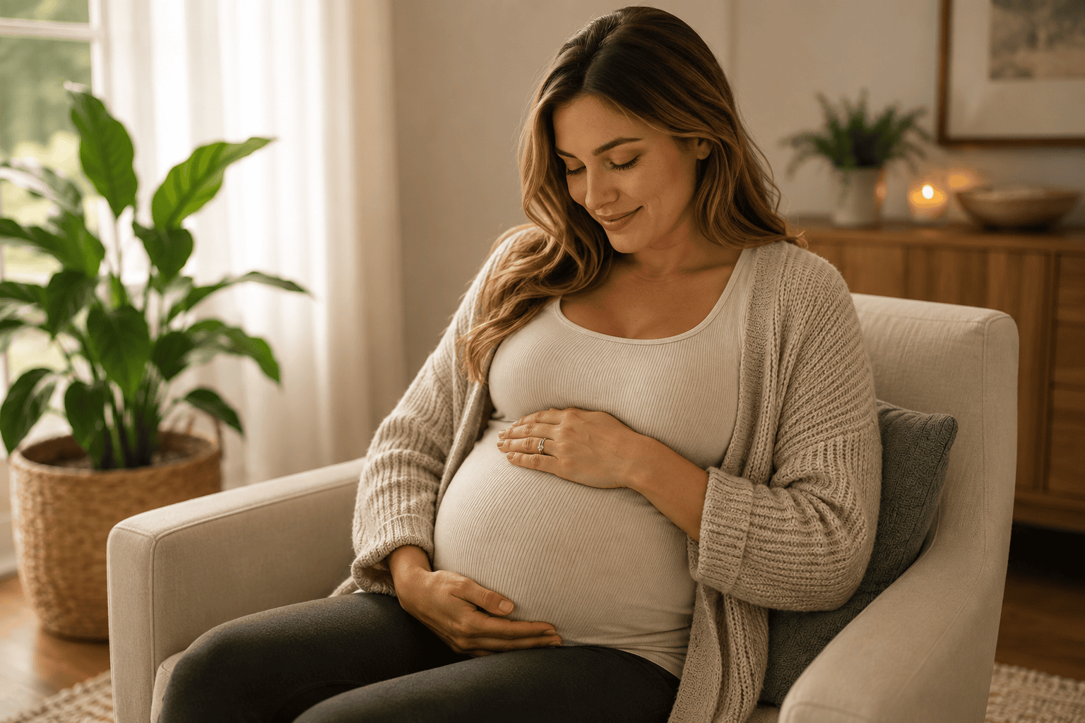 Pregnant woman in her second or third trimester sitting calmly in a home setting with one hand resting gently on her belly, communicating the peaceful support of complementary pregnancy care.