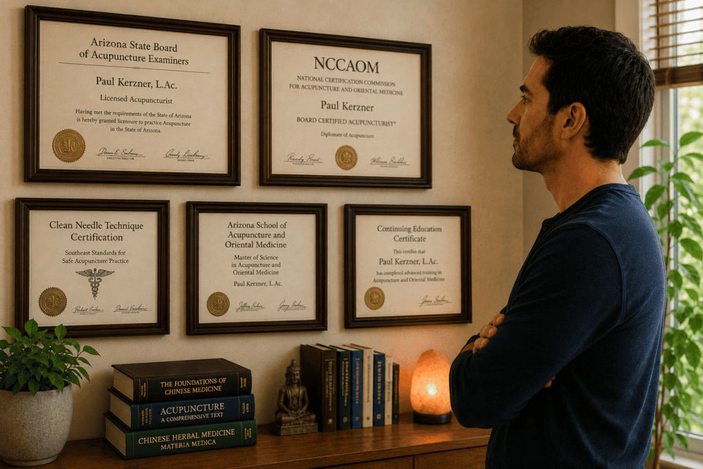 Framed licenses and certifications displayed on the wall of a professional acupuncture office, communicating the importance of verifying practitioner credentials.