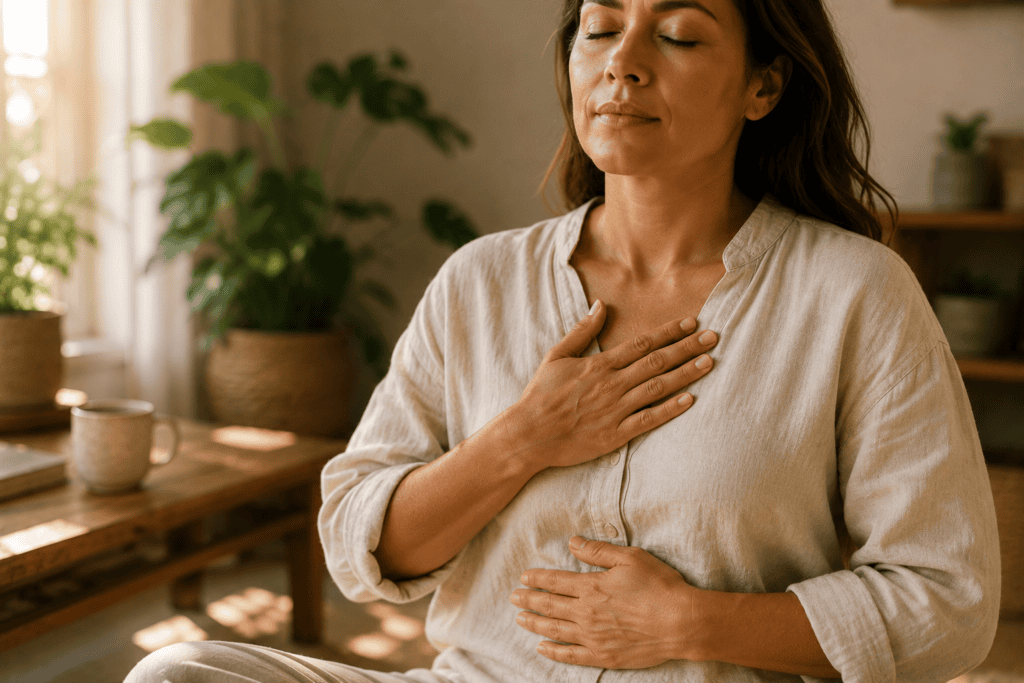 Close-up of a person's hands resting gently on their own chest and abdomen while seated in a mindful breathing or self-awareness posture.