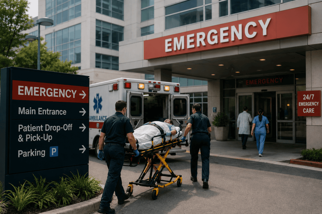Hospital or emergency department exterior, illustrating the modern medical infrastructure that Traditional Chinese Medicine cannot replace for acute emergencies.