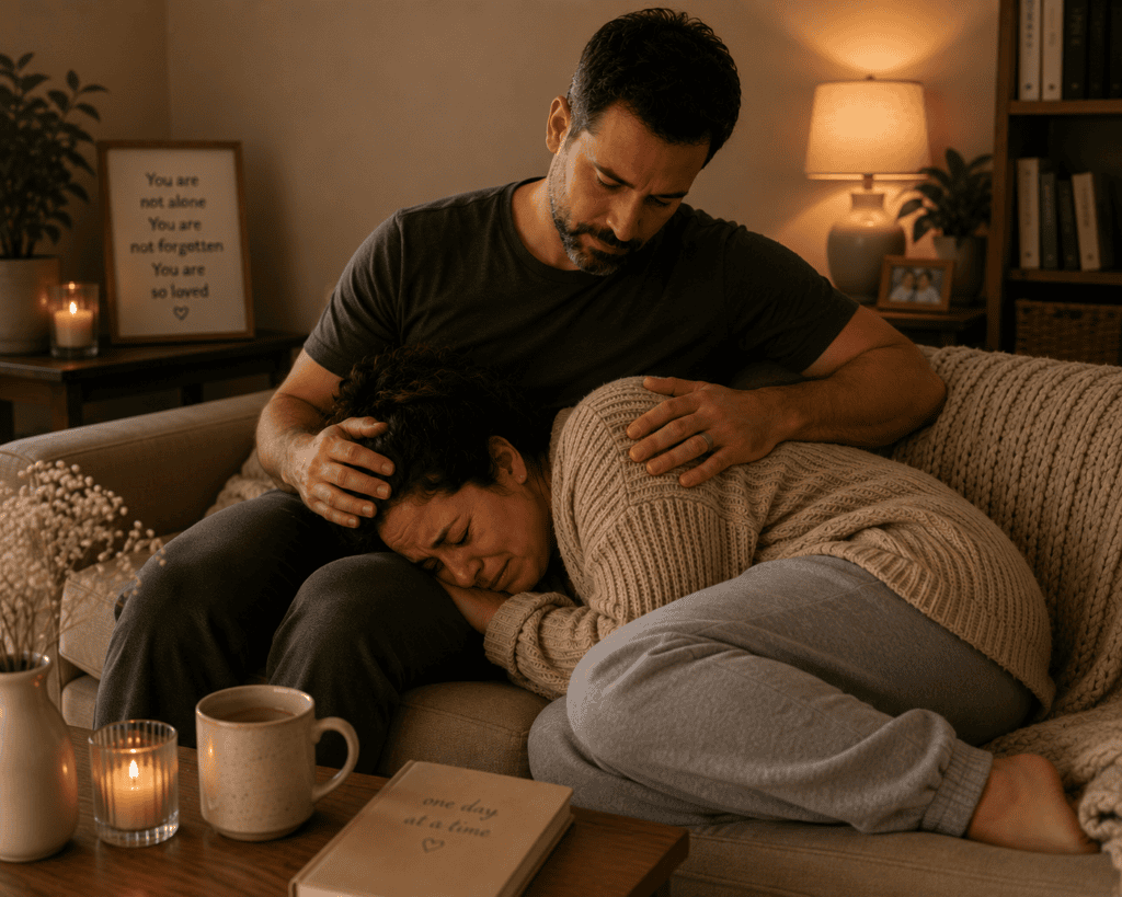 A grieving woman lies curled in the fetal position with her head resting on her husband’s lap as he gently comforts her following a miscarriage or stillbirth.