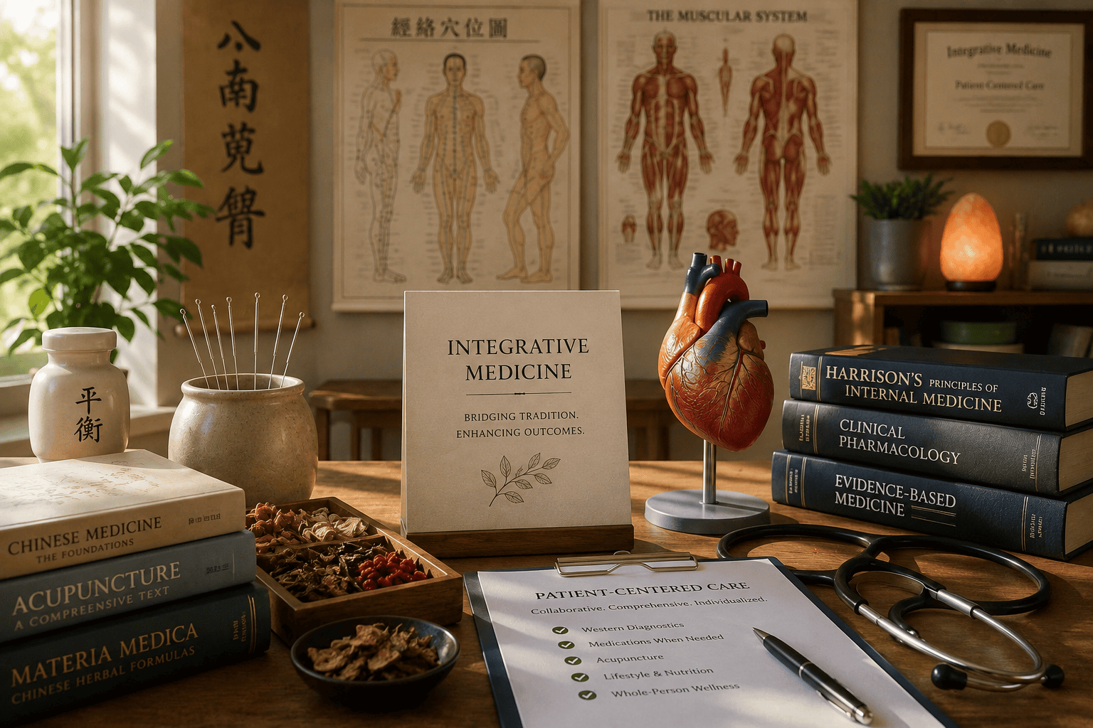 Warm balanced composition showing elements of both Eastern and Western medicine, communicating the integration of two healthcare traditions in modern care