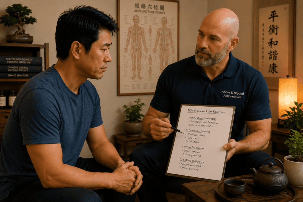 A photorealistic 8-second instructional acupressure video. The fixed white marker remains entirely stationary. The index finger moves naturally to the marker, keeping its center permanently aligned over the point without sliding. The finger performs subtle, gentle vertical compression in place. The man's head remains completely still with slow, natural breathing and a single blink. Locked camera with zero zoom, pan, or background changes.