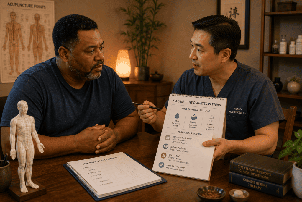 Licensed acupuncturist in warm consultation with a patient discussing the Chinese medicine framework for diabetes including Xiao Ke patterns.