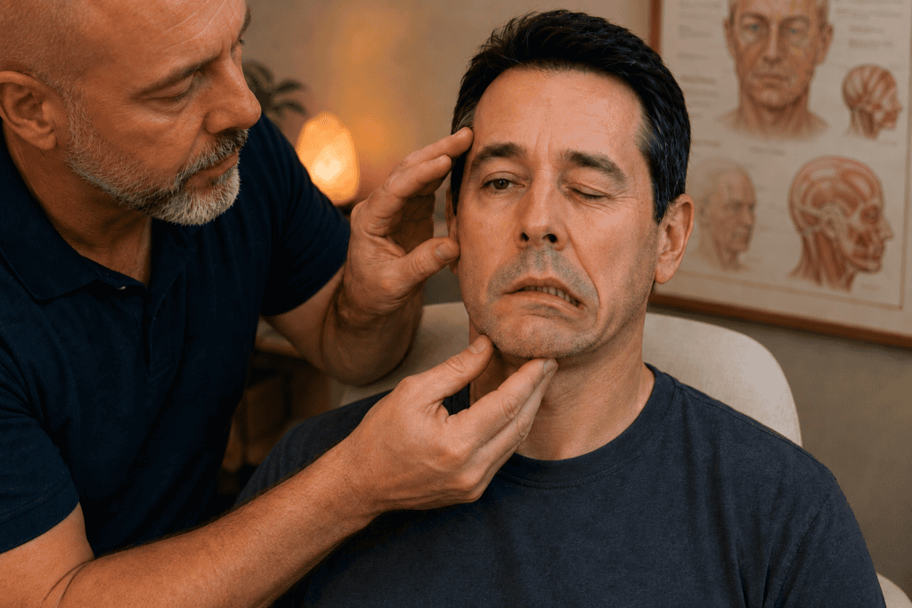 Licensed acupuncturist gently assessing a patient's facial muscle function during a follow-up visit to evaluate recovery progress and identify residual weakness.