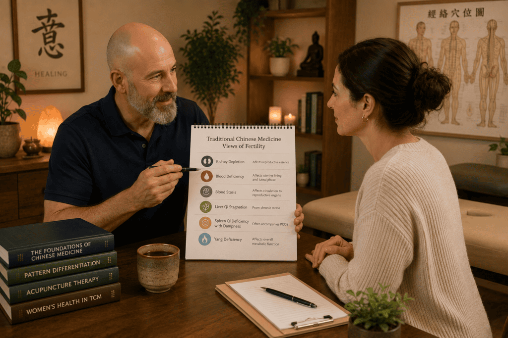 Licensed acupuncturist in warm consultation with a woman discussing the Chinese medicine framework for fertility and pattern differentiation.
