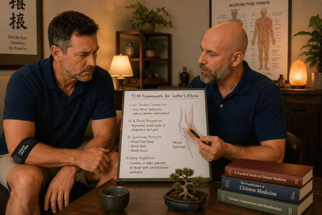 Licensed acupuncturist in warm consultation with a patient discussing the Chinese medicine framework for golfer's elbow including Liver-Tendon patterns.