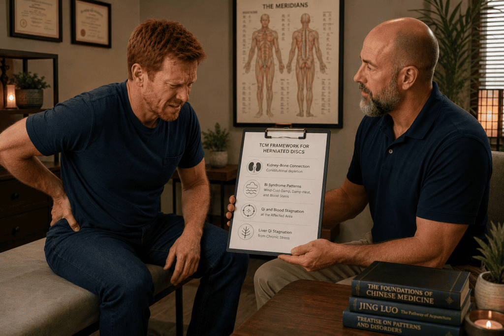 Licensed acupuncturist in warm consultation with a patient discussing the Chinese medicine framework for herniated discs.