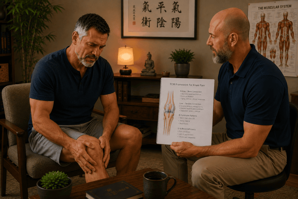 Licensed acupuncturist in warm consultation with a patient discussing the Chinese medicine framework for knee pain including Kidney and Liver patterns and Bi syndrome.